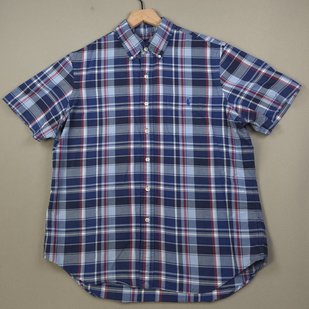 Polo Ralph Lauren Mens L Blue Plaid Madras Short Sleeve Button Down Oxford Shirt
